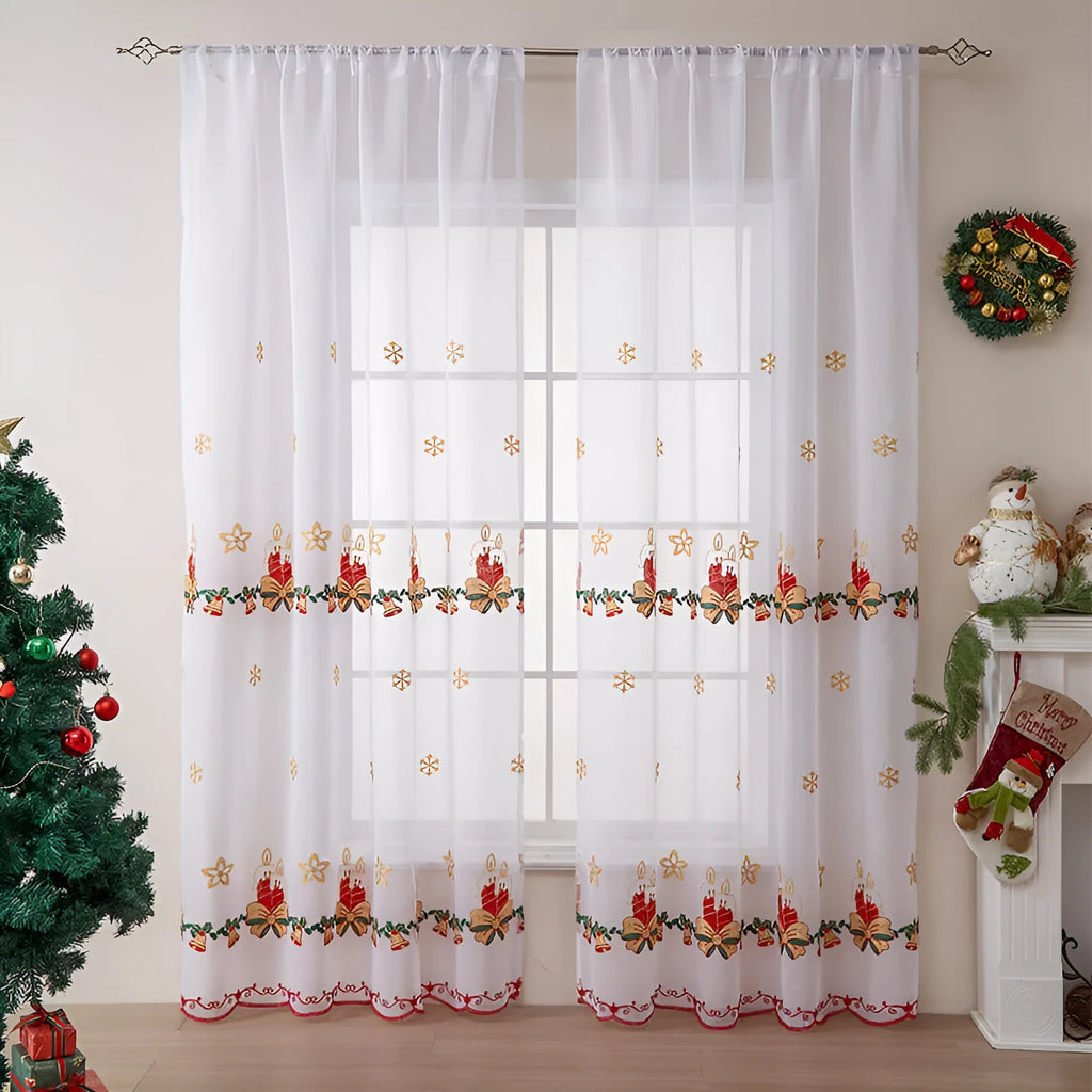 Pair of American-style Christmas curtains with embroidered snowflake pattern on polyester fabric