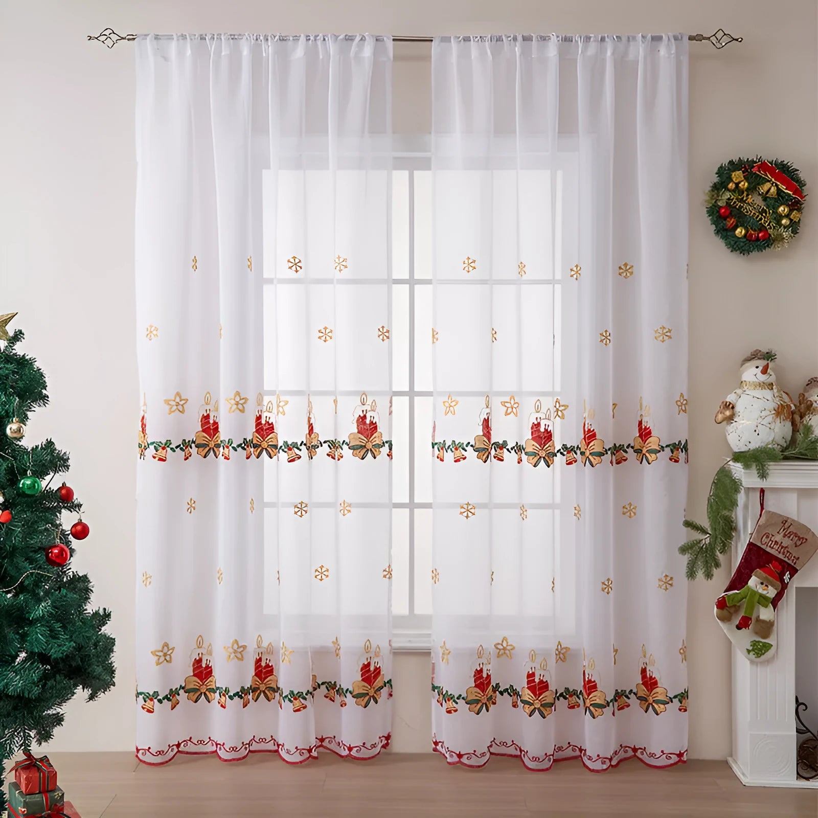 Pair of American-style Christmas curtains with embroidered snowflake pattern on polyester fabric