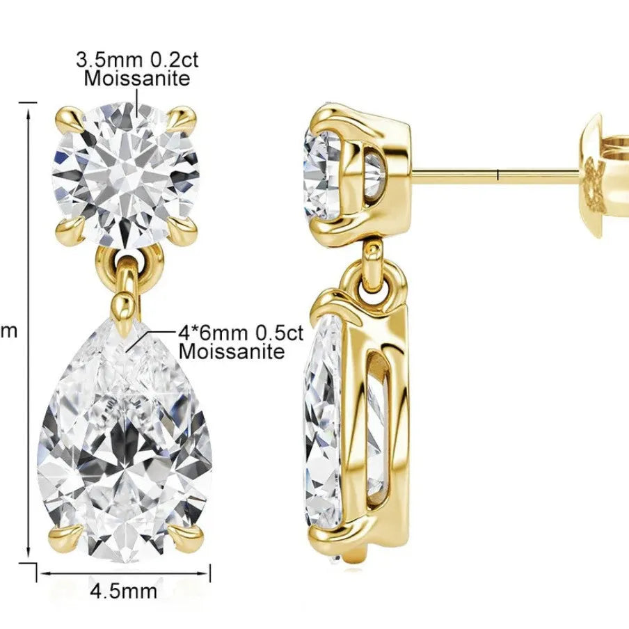 Sterling silver water drop moissanite stud earrings in gold or silver colour