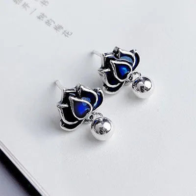 Blue lotus earrings with artistic seedpod tassel design, 1.2cm wide ear studs