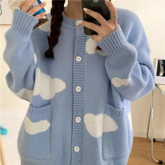 Blue cloud pattern loose spandex cardigan for women, shown as a pullover with long sleeves.