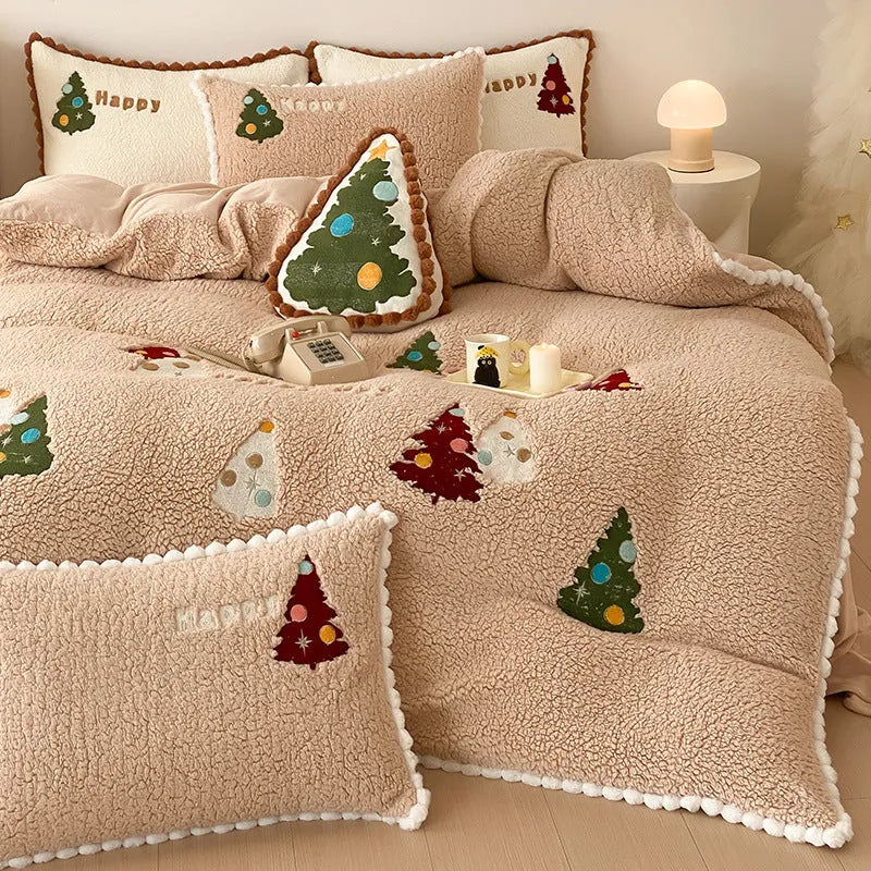 Bright yellow four-piece bedding set with cartoon Christmas tree pattern, fleece-lined for winter warmth