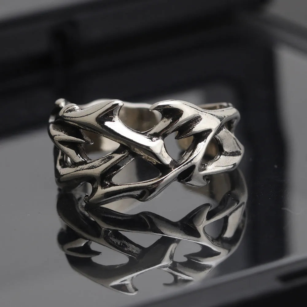 Copper adjustable flower ring with geometric thorn design in J2150 colour finish