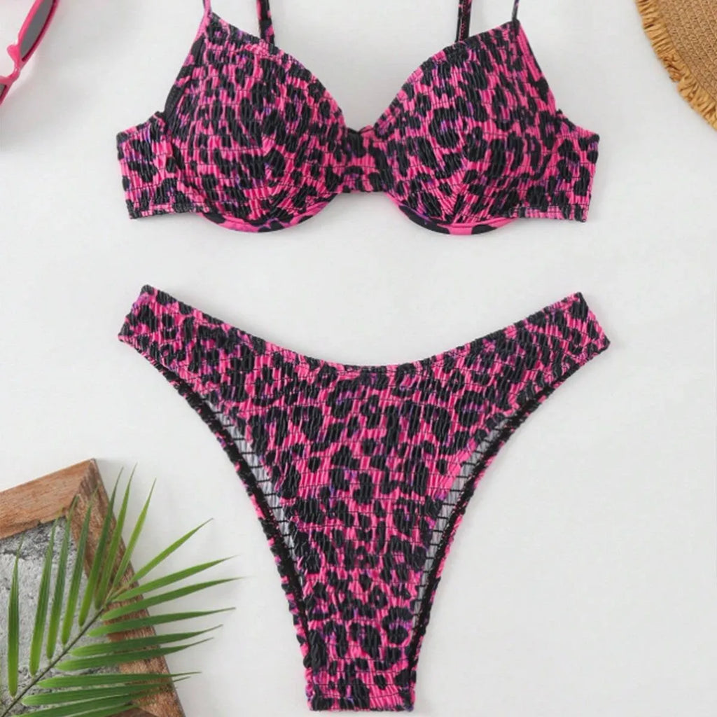 Women's leopard print bikini set with backless design in brown and red colour options.