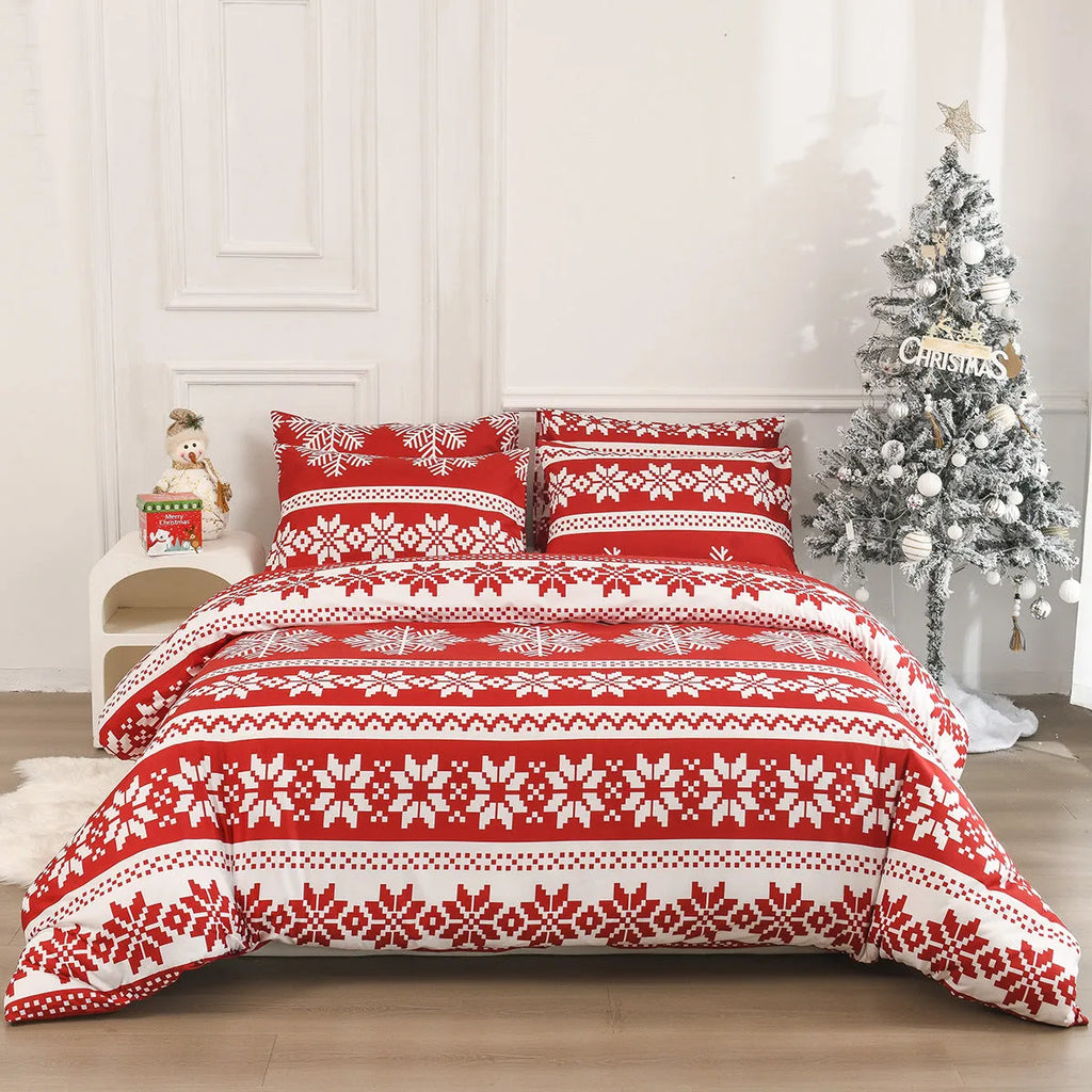 Winter Sleepers red Christmas Love Song pattern bedding three-piece set on a bed