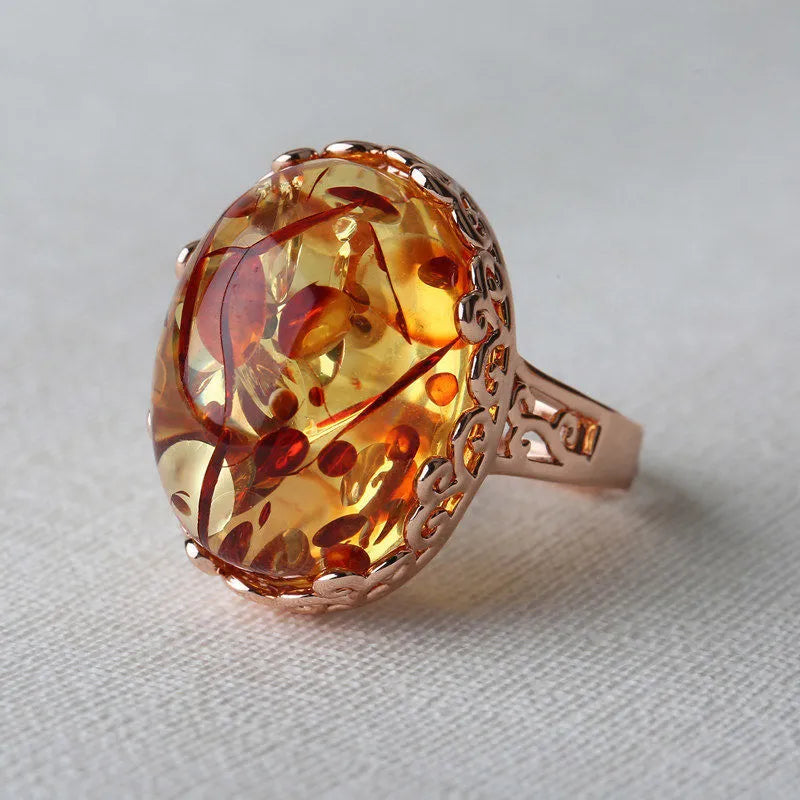 Beeswax amber ethnic style ring with retro design in New Amber Type A colour