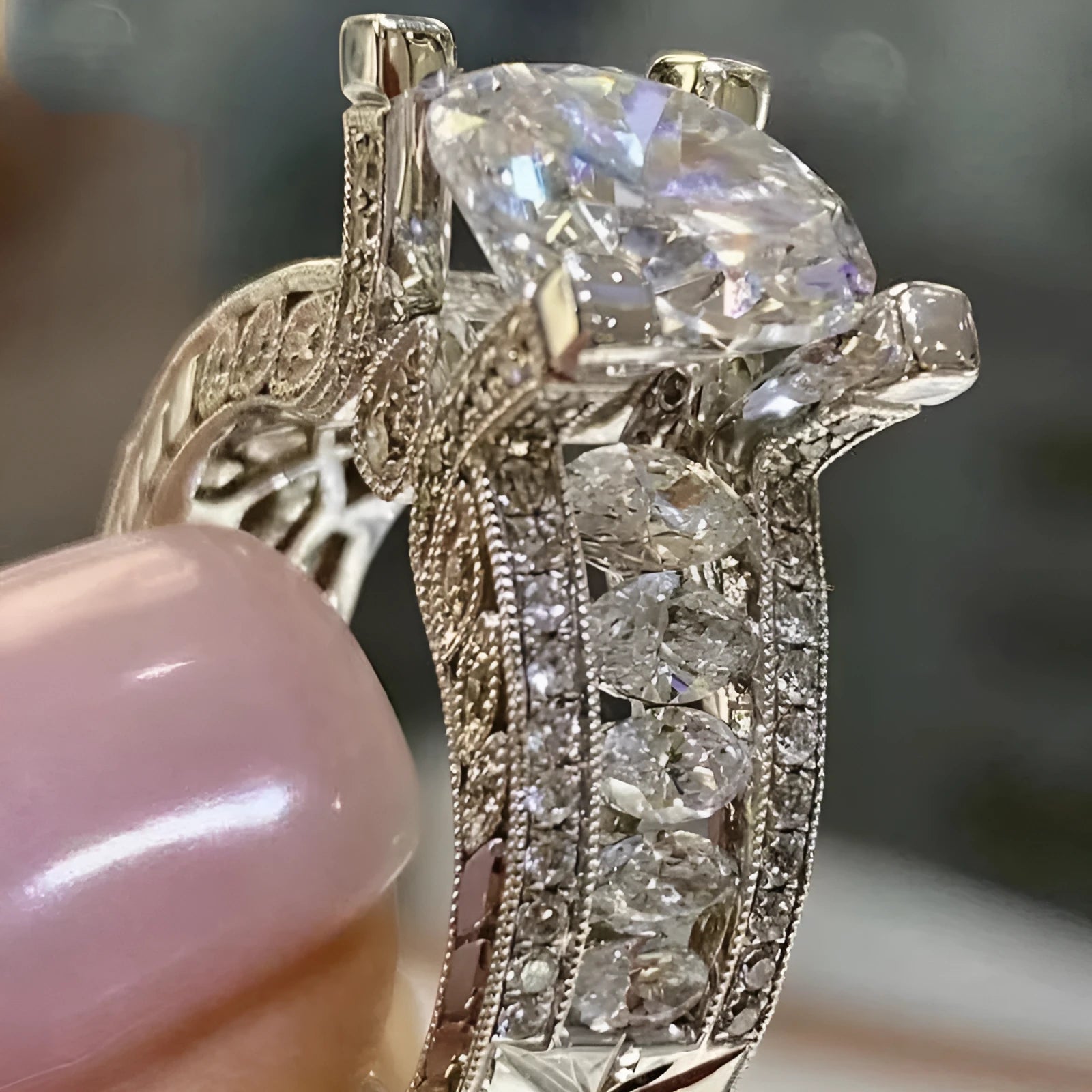 Electroplated alloy women's geometric engagement ring in gold or white colour on size display