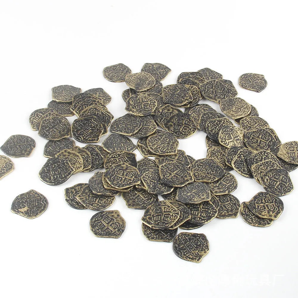 Set of 100 plastic Roman coin replicas with electroplated gold, silver, or bronze finishes for props and decoration