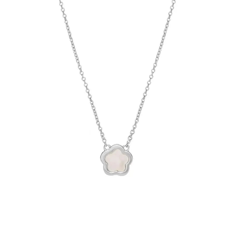 White mother of pearl shell flower necklace on O-shaped chain with gold or silver tone finish