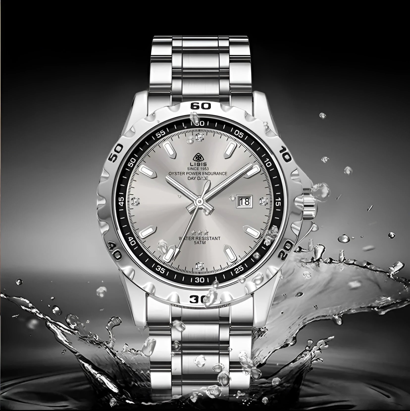 Silver case men's quartz watch with luminous hands and stainless steel bracelet on wrist
