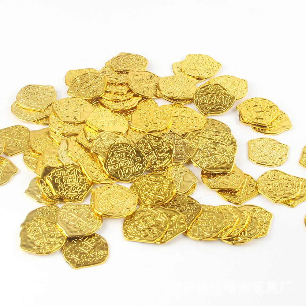 Set of 100 plastic Roman coin replicas with electroplated gold, silver, or bronze finishes for props and decoration