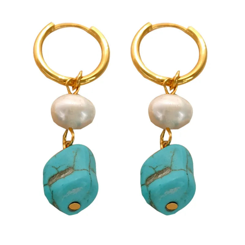 Geometric turquoise and cultured pearl clip earrings for women in long and short styles