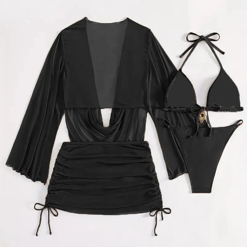 Women's dark brown backless bikini suit with lace-up detail and tight solid color design