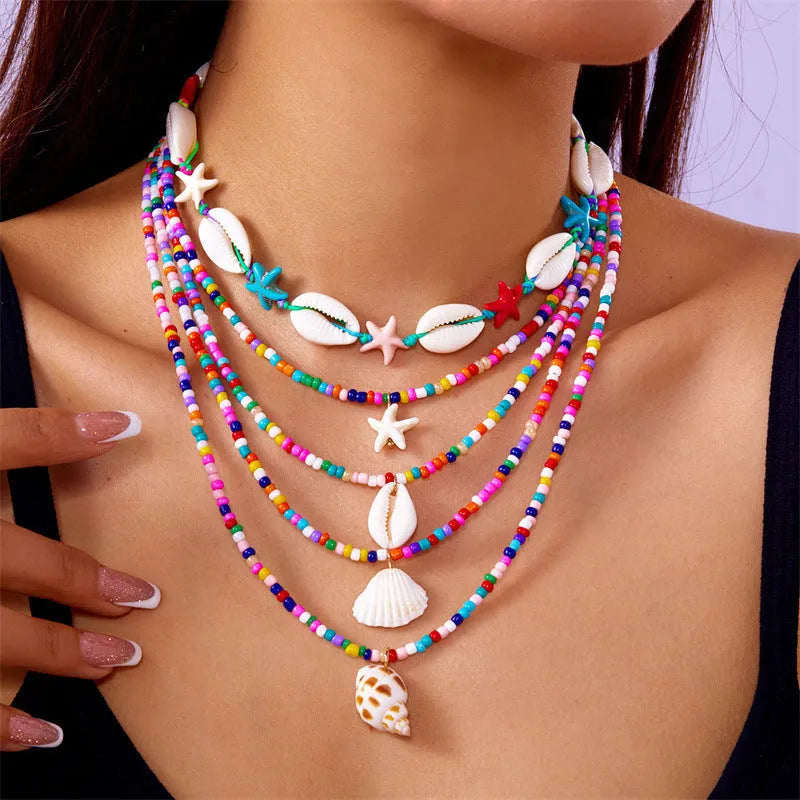 Women's blue and multi-colour starfish shell necklace 5-piece set with adjustable chain