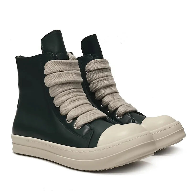 Genuine leather high-top sneakers in black with side zipper and rubber sole.