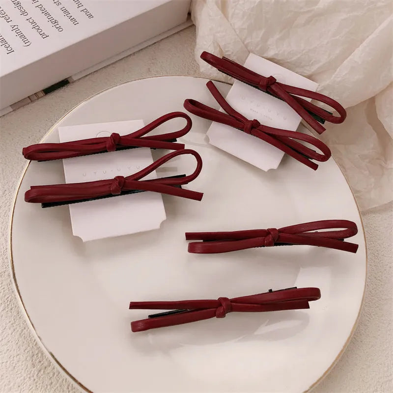 Wine red leather bow barrette hair clip for women with manual processing