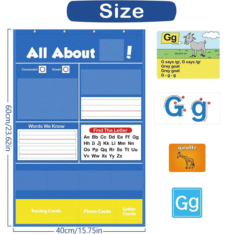 Alphabet learning sleeve table chart with word, letter, and picture cards on a flannel surface.