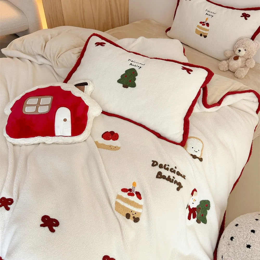 Winter Christmas bedding four-piece set with Snowy Milk Pastry cartoon pattern for bed