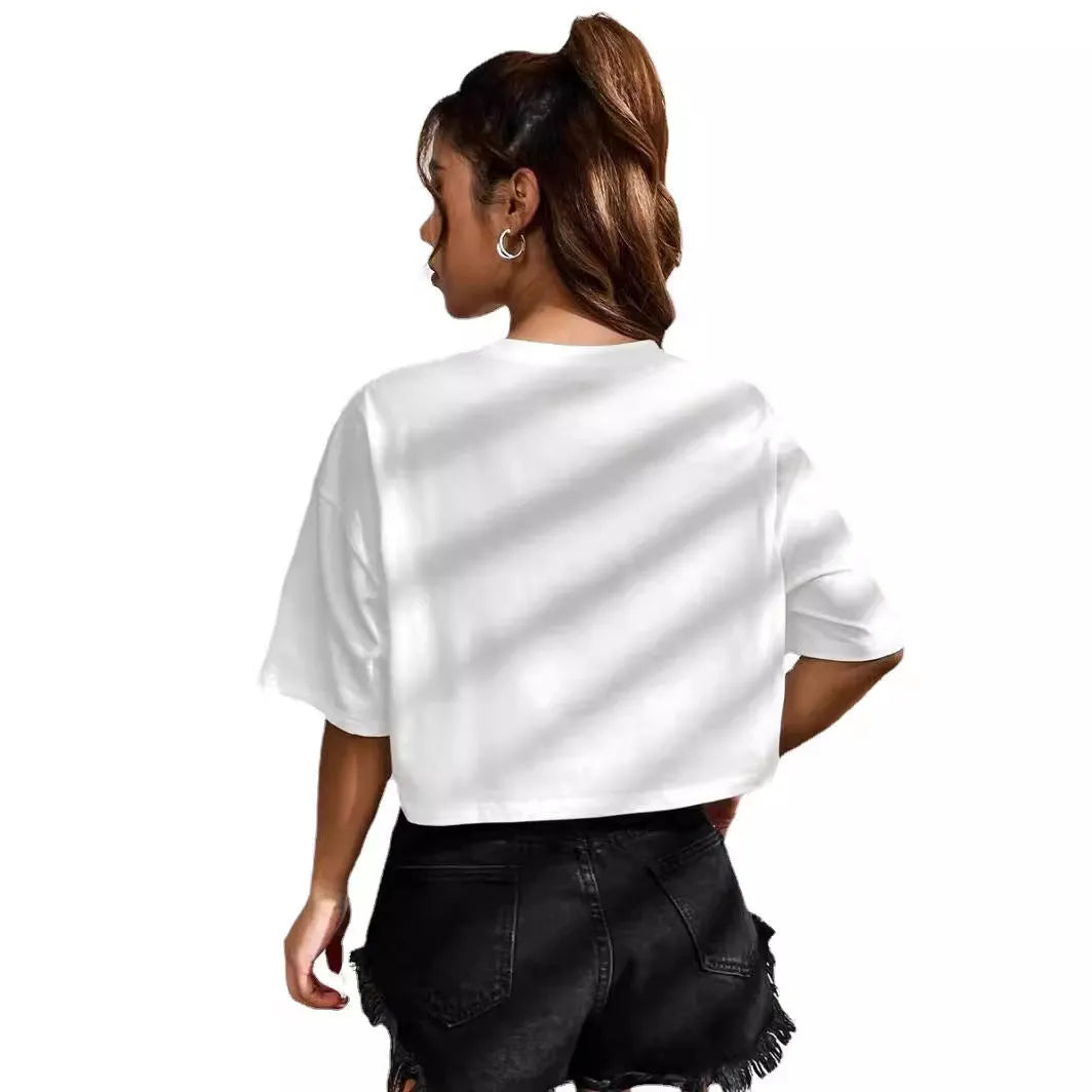 Women's black cotton T-shirt with white printed English letters and an exposed navel design.