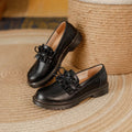 British style women's leather shoes with round toe, chunky heel, two-layer cowhide upper in black