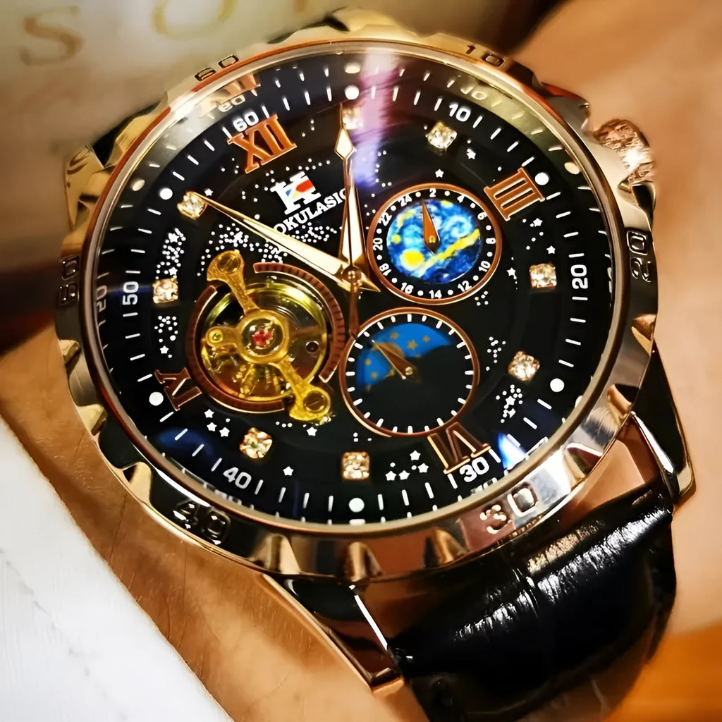 Black and rose gold automatic mechanical watch with hollow dial showing movement through openings