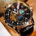 Black and rose gold automatic mechanical watch with hollow dial showing movement through openings