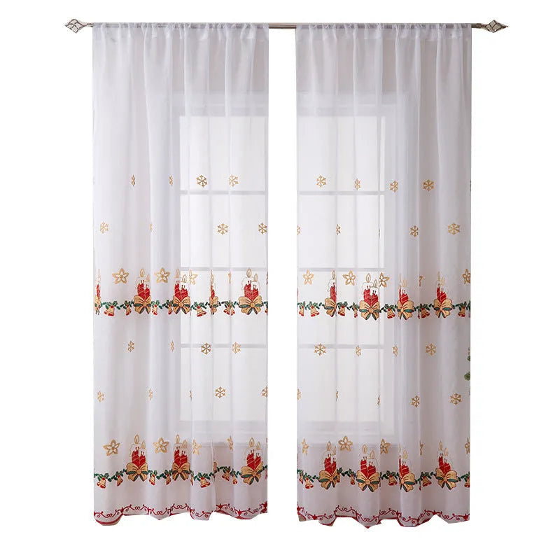 Pair of American-style Christmas curtains with embroidered snowflake pattern on polyester fabric