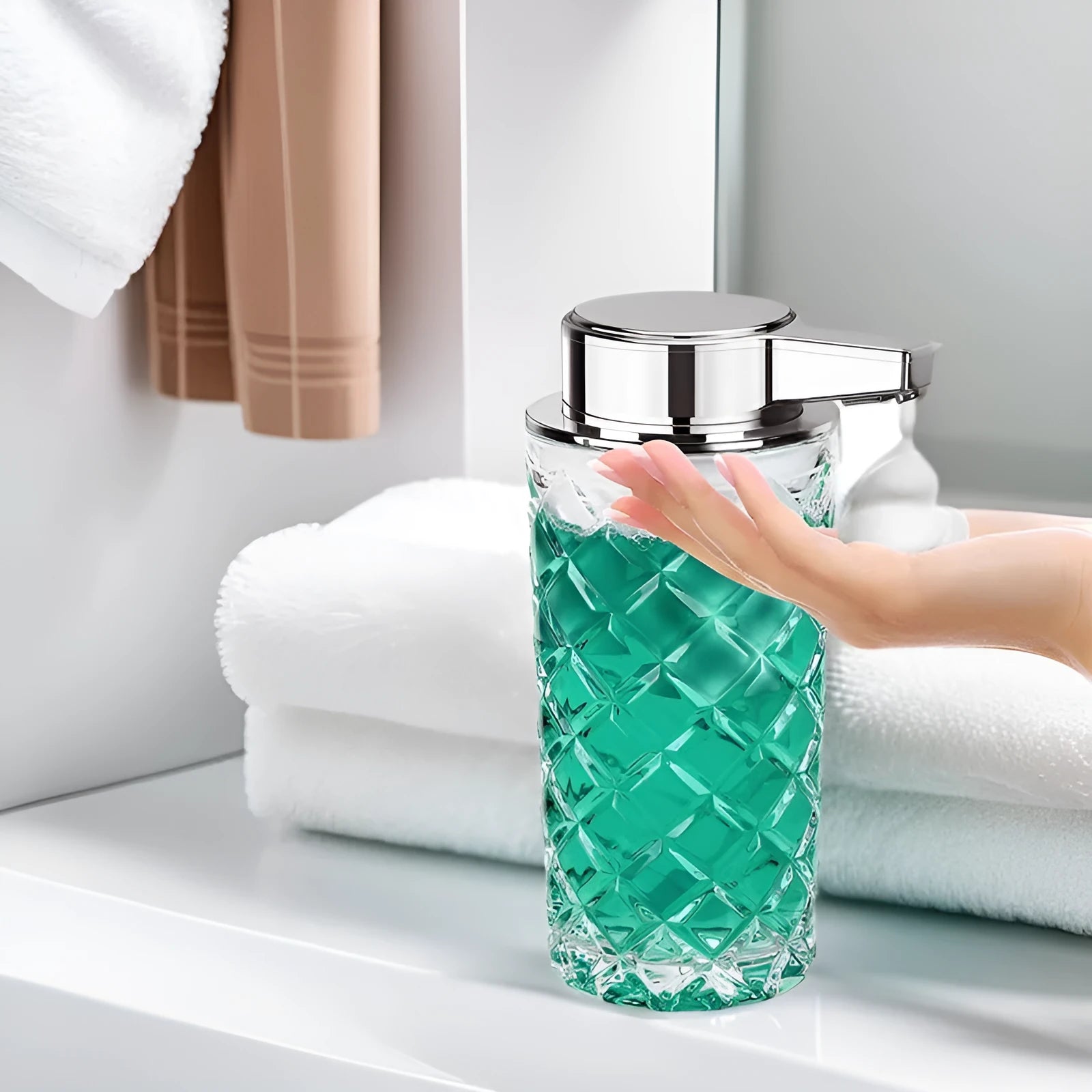 Automatic intelligent soap dispenser with silver PET shell and USB Type-C charging port