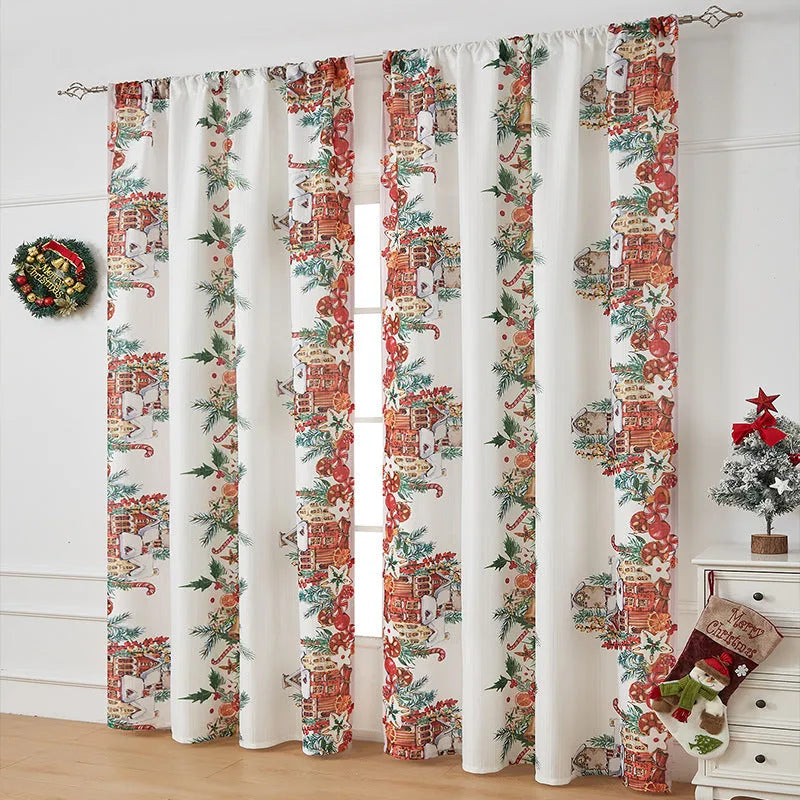 Rectangular printed polyester curtain with Christmas pattern offering semi-sunshade.