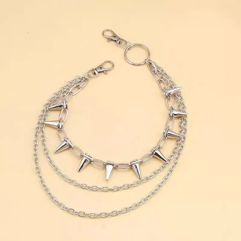 Silver metal pants chain with dark punk rivet ornaments measuring 115cm length for women's trousers