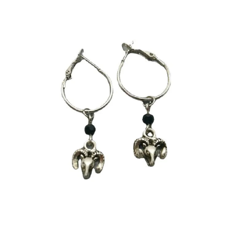 Silver round ring dangle earrings with Tibetan antelope design for women