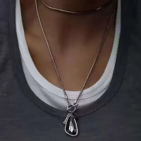 Long alloy sweater chain necklace with geometric water drop pendant on snake bone chain