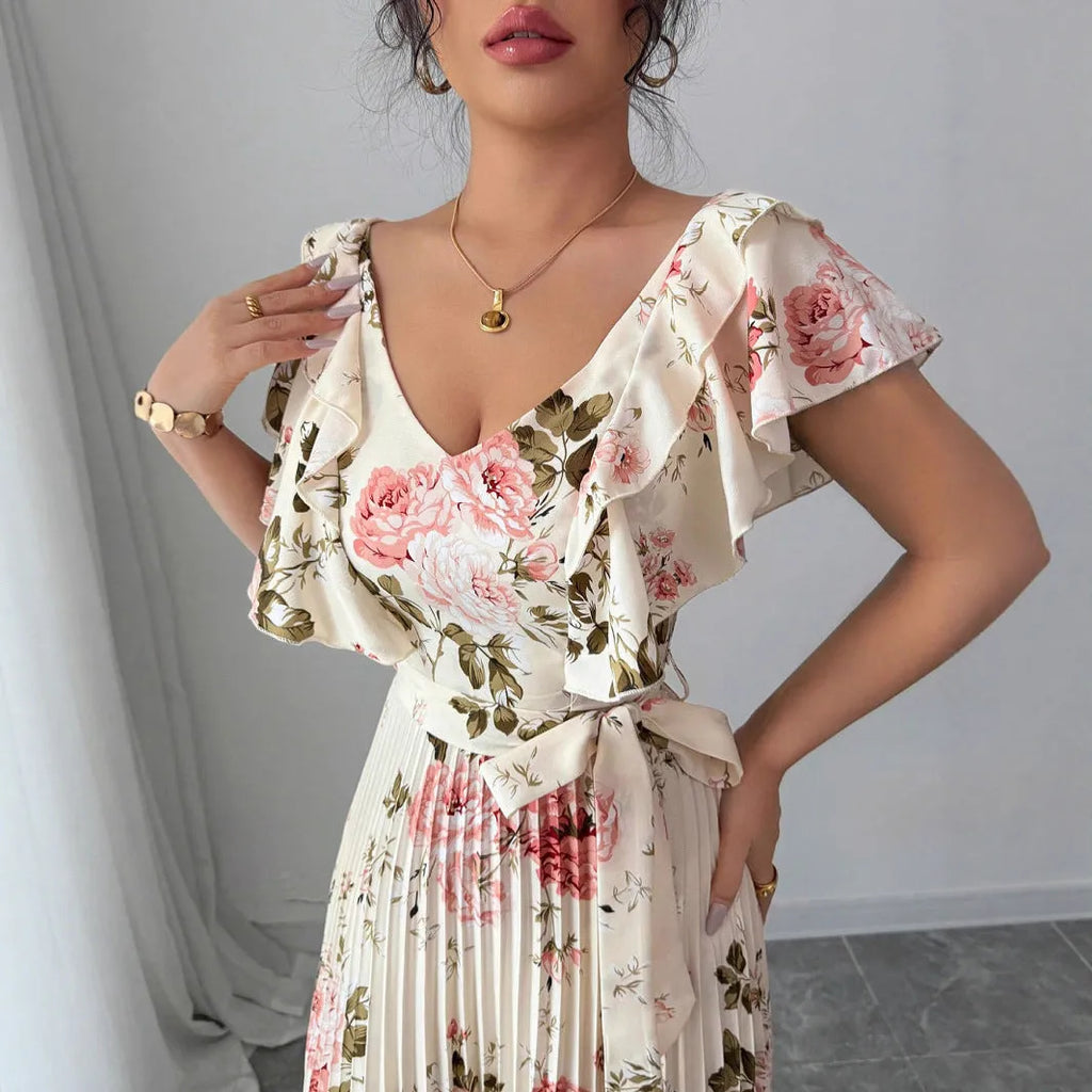 Apricot V-neck floral print dress with ruffled sleeves and swing skirt