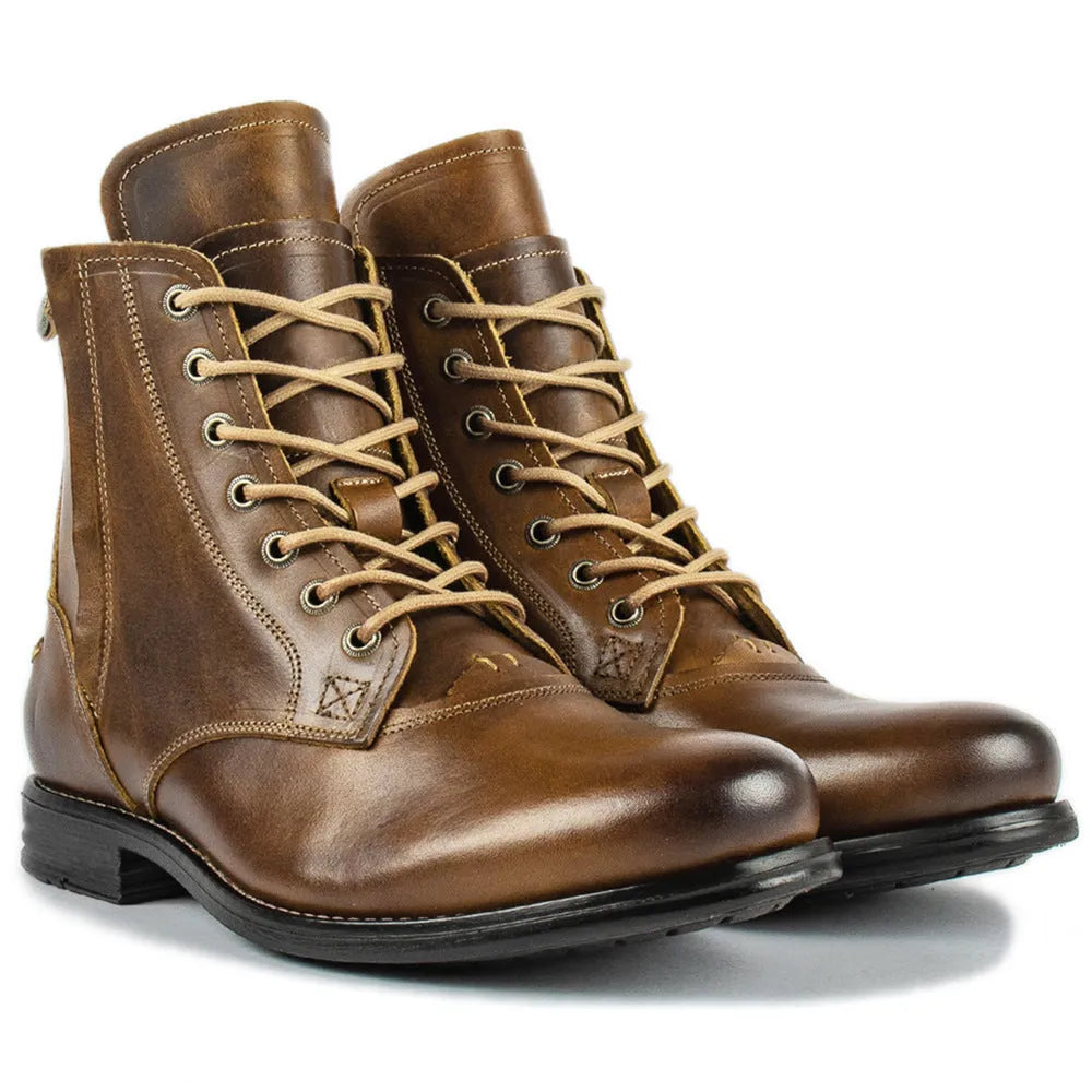 Knight Series men's black two-tone leather ankle boots with side zipper and low heel.