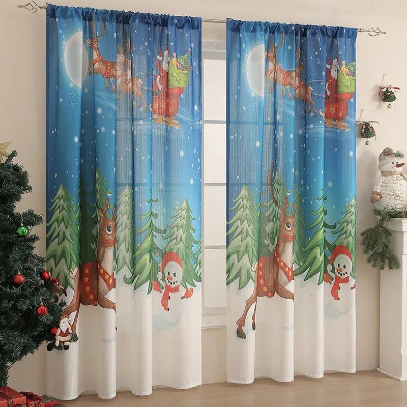 Rectangular printed polyester curtain with Christmas pattern offering semi-sunshade.
