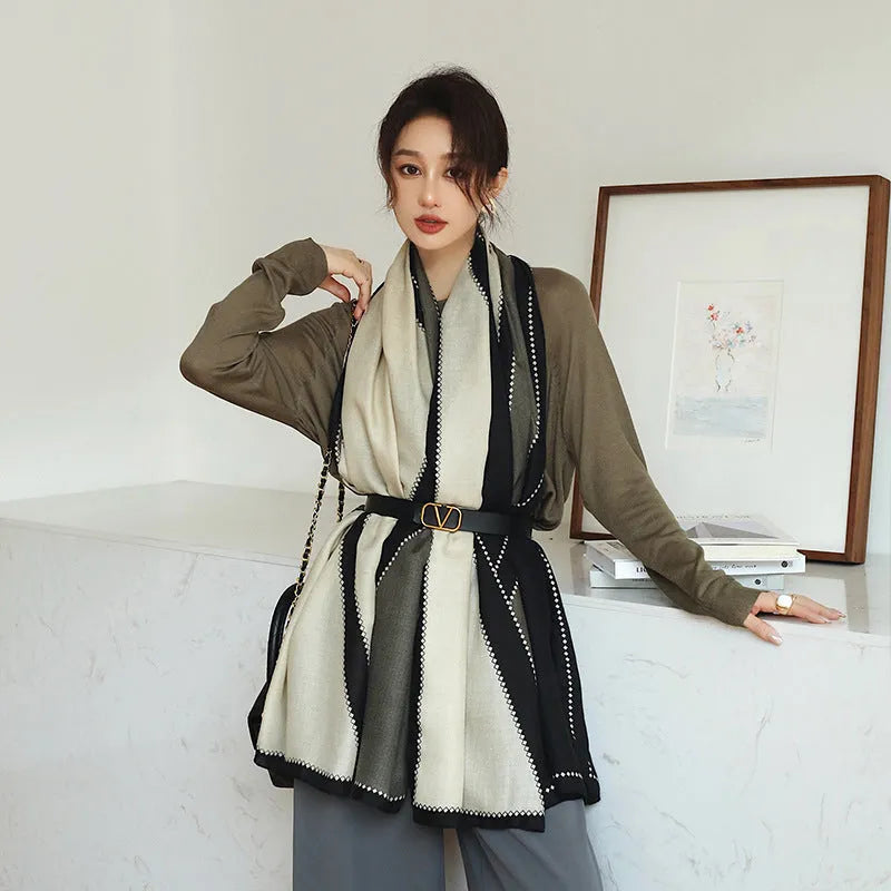 Women's printed polyester scarf showing decorative pattern and mid-length dimensions for autumn wear
