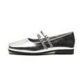 Silver women's Mary Jane shoes with cross buckle strap and flat heel