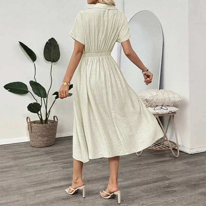 Light green women's twill shirt dress with lapel collar and waist-tight skirt design