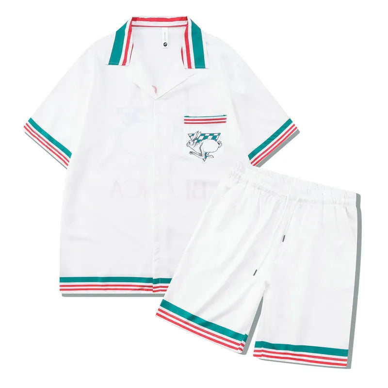 Plaid pattern beach outfit with short sleeve shirt and matching trousers in polyester fabric