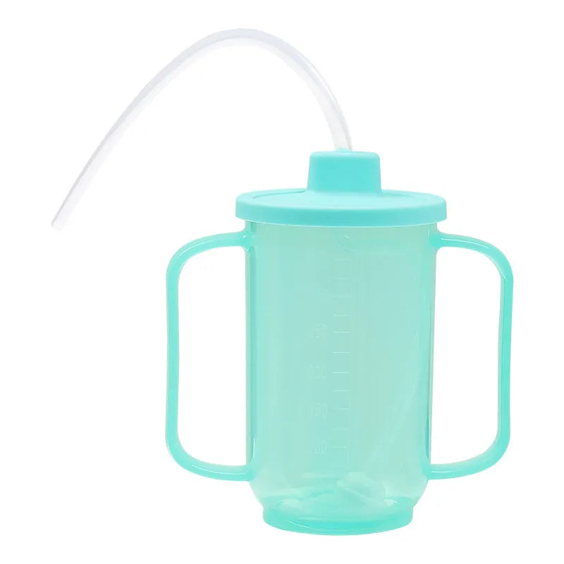 Bedside choke-proof drinking cup with slanted mouth and optional wrist strap for elderly and pregnant women