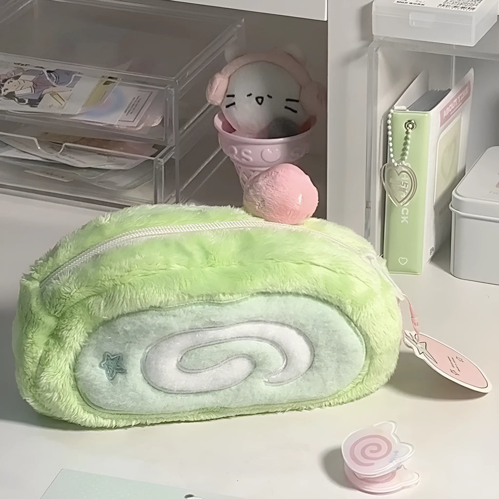 Swiss roll cake design pencil case with plush velvet exterior in Korean style stationery storage