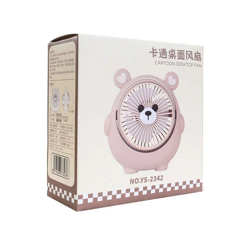 USB desk fan with bear and puppy design showing brown, apricot, and pink colour options.