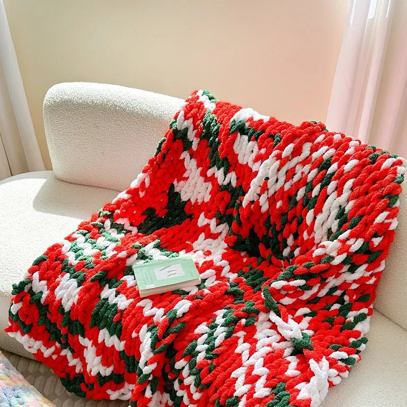 Chenille cover blanket with thick ice bar striped pattern in caramel mango colour