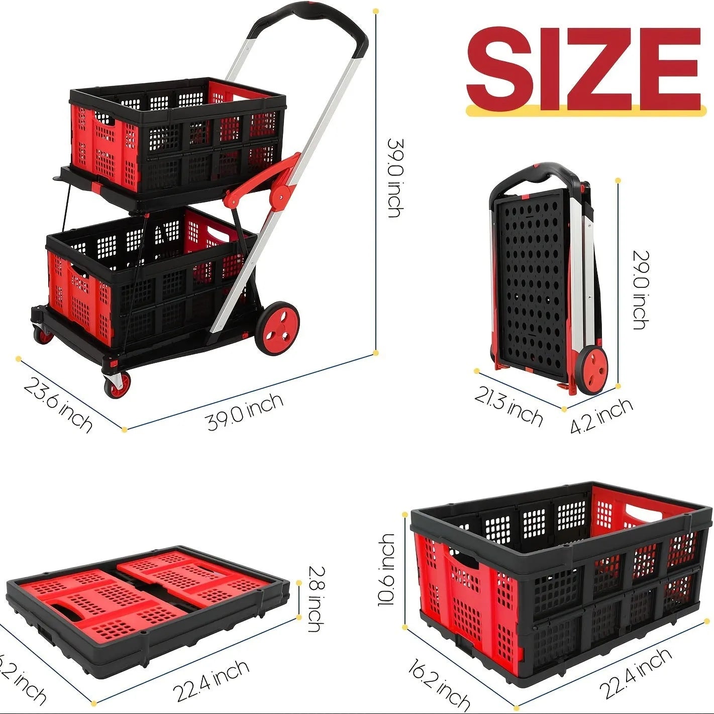 Blue foldable shopping cart with two plastic baskets, shown in an unfolded upright position.