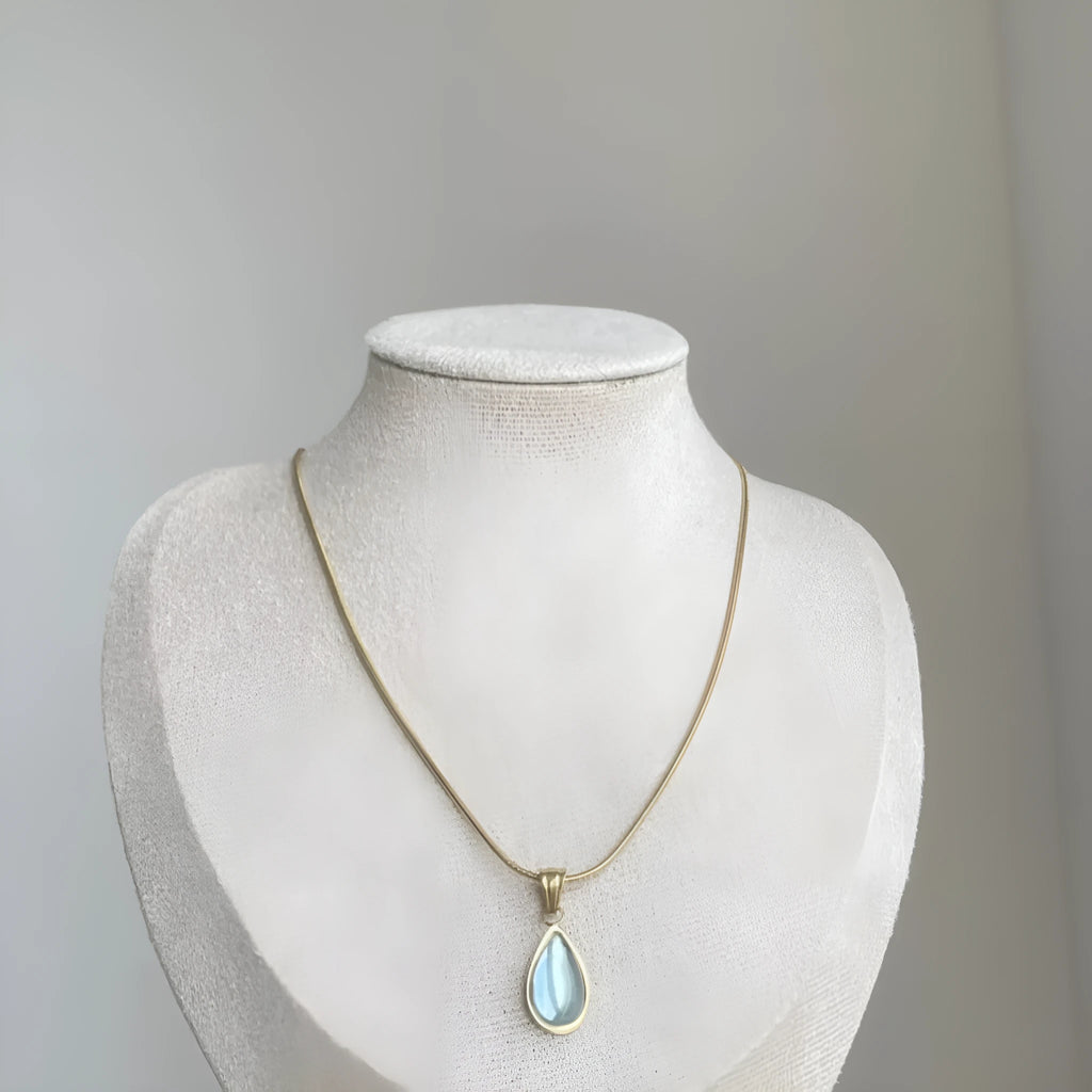 Retro blue and green water drop necklace with snake bones chain and mixed gem inlay