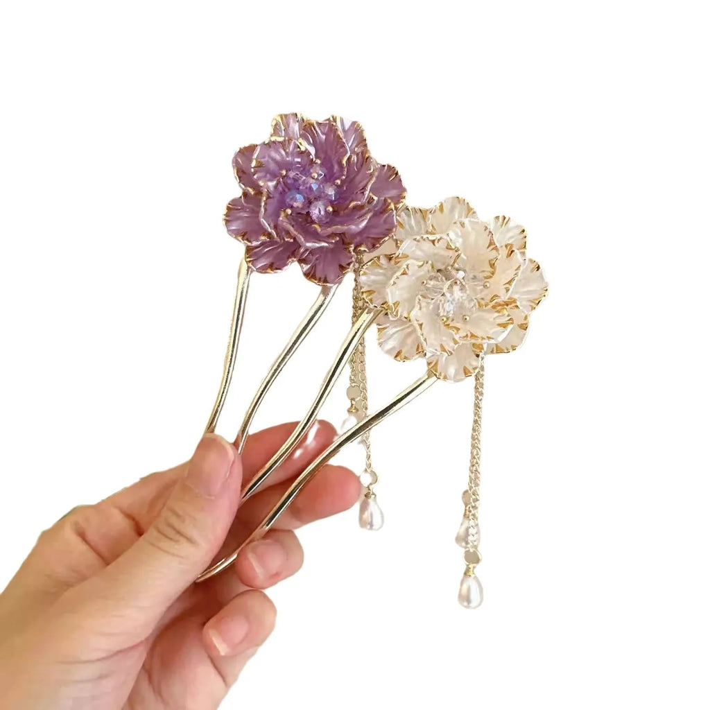 Purple and white retro U-shaped hairpin with peony flower and tassel decorations