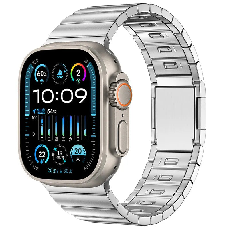 Stainless steel magnetic buckle watch strap for Apple Watch in silver colour.