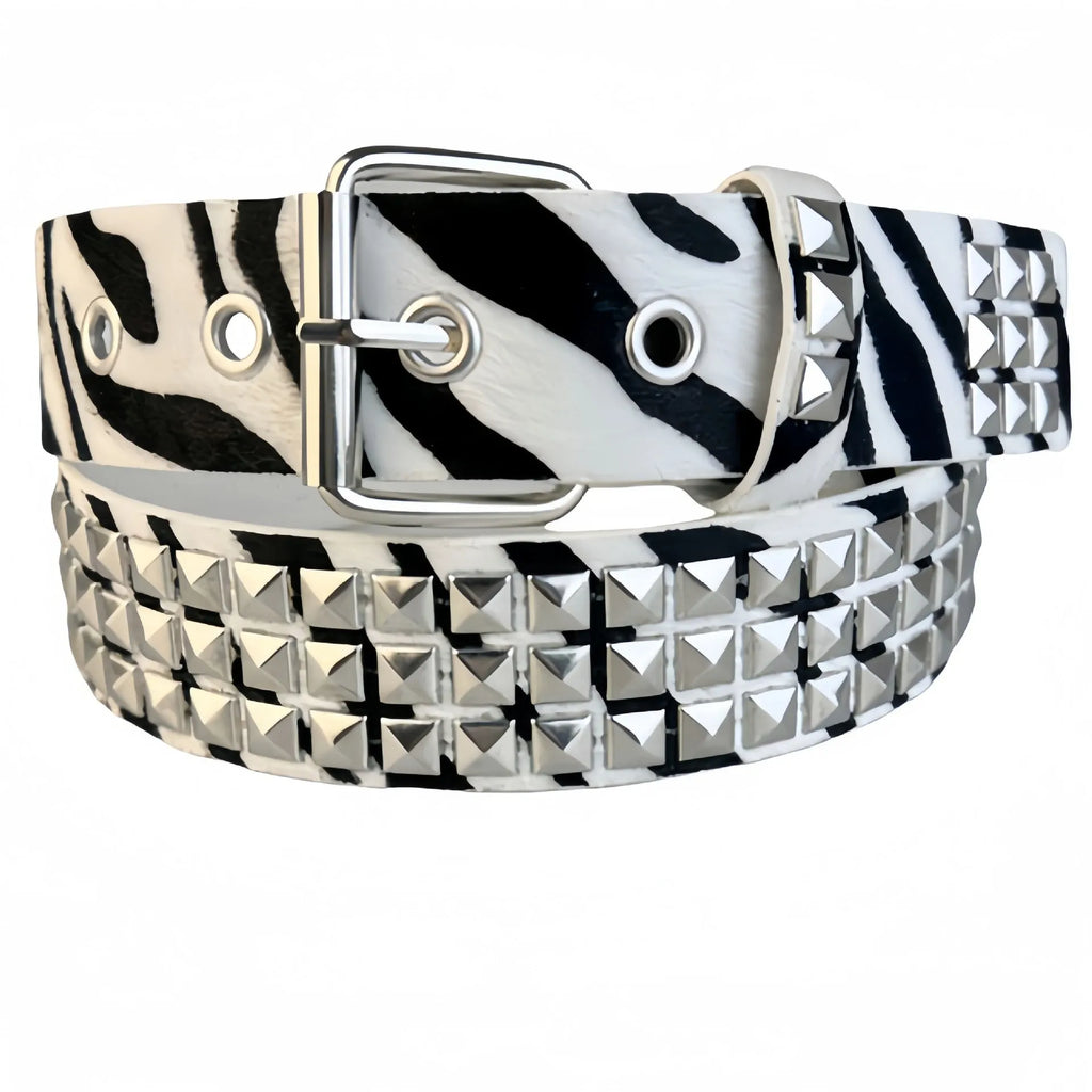 Women's punk fashion belt with metal rivets and pyramid studs in leopard print pattern, showing adjustable buckle