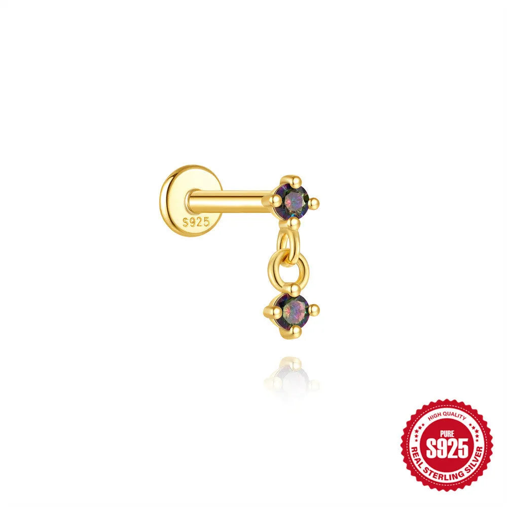 S925 sterling silver flat head thread earrings with geometric shape and super shiny rainbow stones