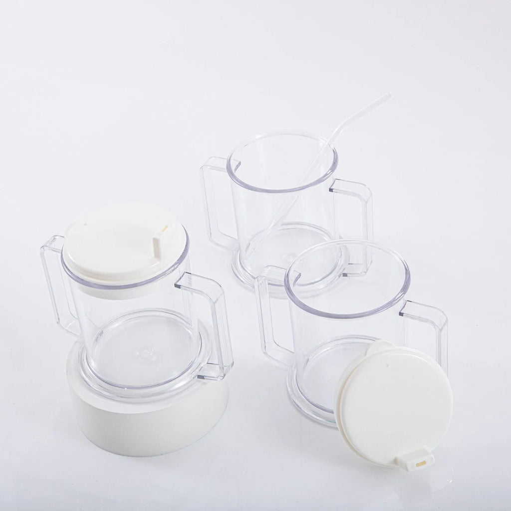 Transparent spill-proof drinking cup showing 14cm height with 301-400ml capacity